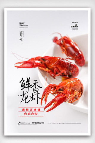 龙虾背景海报模板_白色时尚简洁大气美食美味小龙虾海报