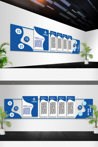 走廊文化墙海报模板_蓝色大气企业介绍公司简介文化墙
