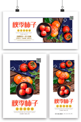 柿白色简洁清新秋季柿子海报展板展架