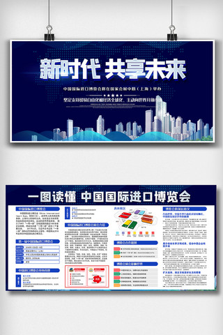 进口设计海报模板_蓝色创意中国国际进口博览会展板知识
