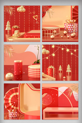 红色立体C4D圣诞促销主图背景