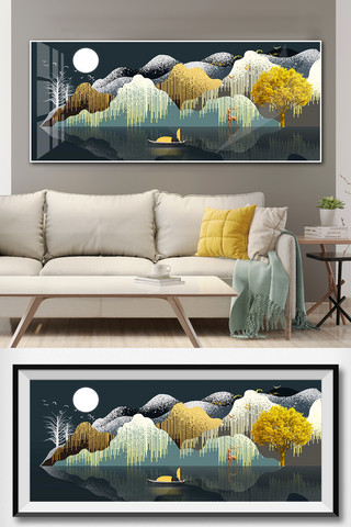 晶瓷挂画海报模板_晶贝现代简约新中式鎏金山水麋鹿客厅装饰画