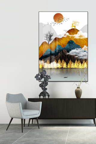 动物抽象抽象海报模板_新中式金色山水轻奢艺术玄关晶瓷装饰画
