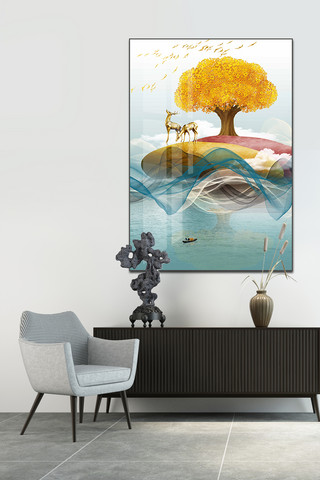 装饰画海报模板_现代创意简约石来运转金色石头发财树晶瓷装饰画