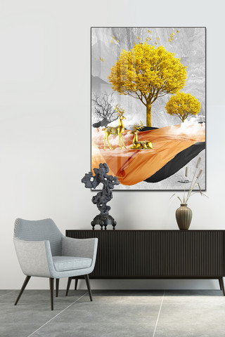 金轻奢海报模板_新中式现代轻奢抽象金色麋鹿发财树装饰画