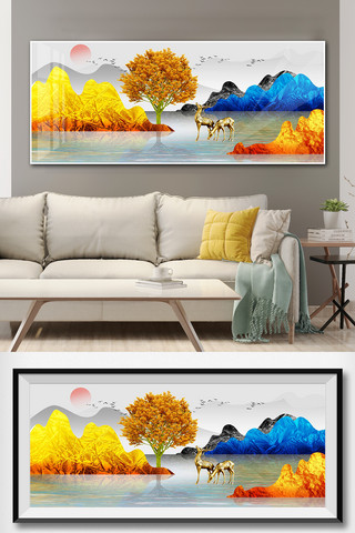 鹿晶瓷画海报模板_现代抽象金色山水发财树麋鹿组合装饰画挂画
