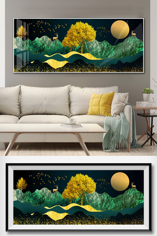 金色发财树海报模板_北欧抽象树金色发财树麋鹿客厅装饰画晶瓷画