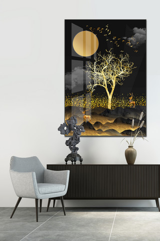 鹿晶瓷画海报模板_轻奢现代金色富贵森林麋鹿山川玄关装饰画