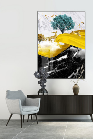 金色山水海报模板_新中式轻奢抽象金色山水大理石麋鹿装饰画