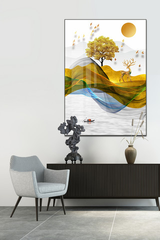 金色山水装饰画海报模板_新中式现代抽象金色山水意境线条玄关装饰画
