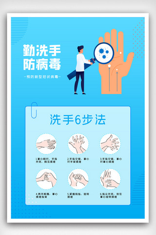 七步洗手法步骤海报模板_蓝色勤洗手预防新型冠状病毒海报
