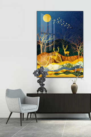 晶瓷画素材海报模板_轻奢线条山水发财树麋鹿客厅装饰画晶瓷画