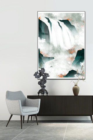 瀑布水流海报模板_2020年蓝色中国风山水瀑布装饰画