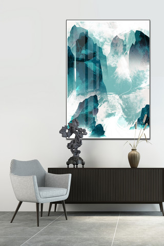 淡山水海报模板_2020年藏蓝色现代简约抽象山水装饰画