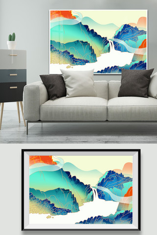 新中式山水装饰画海报模板_2020年新中式山水水墨装饰画
