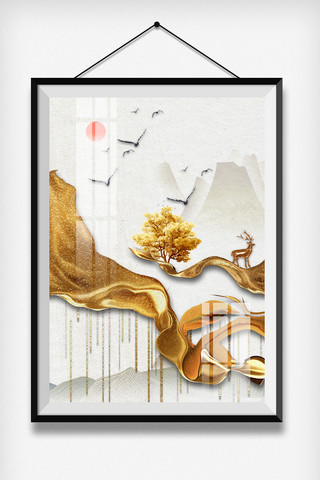 羽毛球拍底部海报模板_新中式传统装饰金色简约装饰画