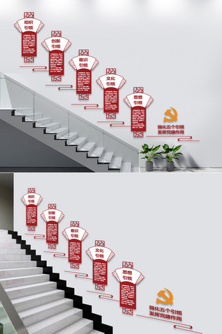 引领文化墙海报模板_强化五个引领楼梯文化墙