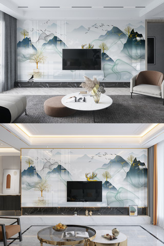 新中式线条背景墙海报模板_新中式传统装饰金色简约背景墙