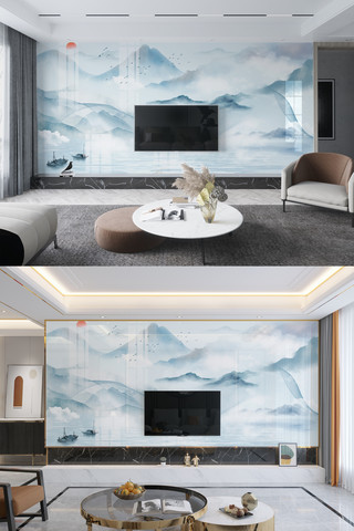 新中式山水背景墙海报模板_新中式传统装饰金色简约背景墙