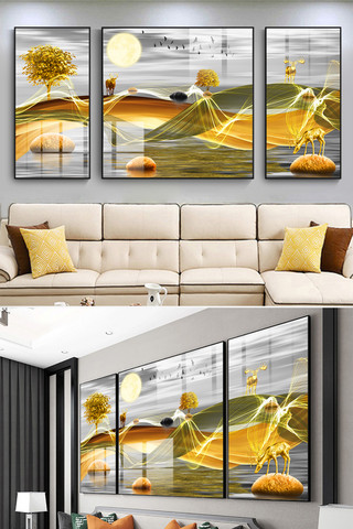 现代抽象风景海报模板_现代抽象金色银杏叶子金色麋鹿装饰画