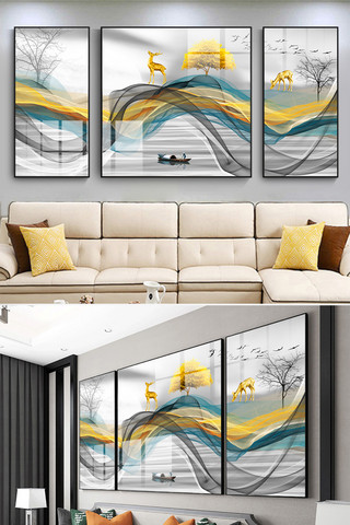 中国线条山水海报模板_现代金色抽象线条深空山水晶瓷装饰画