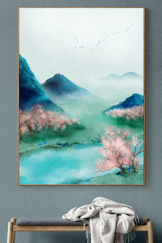中式新水墨海报模板_2020新中式古风水墨山水桃花风景装饰画