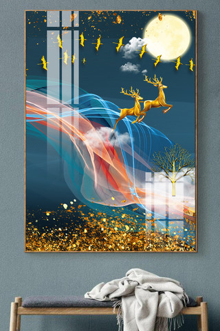 云朵羽毛海报模板_新中式传统装饰金色简约装饰画
