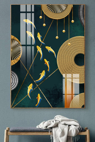 珐琅彩抽象金箔金色鲤鱼装饰画