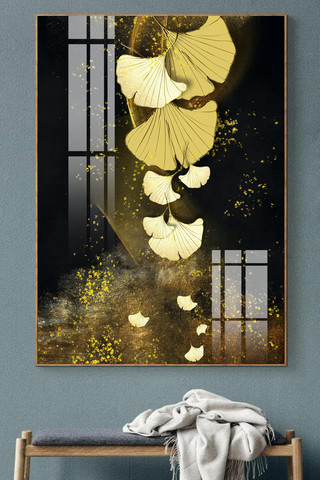 装饰天空海报模板_新中式传统装饰金色枫叶银杏简约装饰画