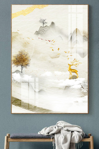 装饰天空海报模板_新中式传统装饰金色简约装饰画