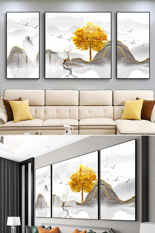 国风线条装饰海报模板_新中式传统装饰金色简约装饰画