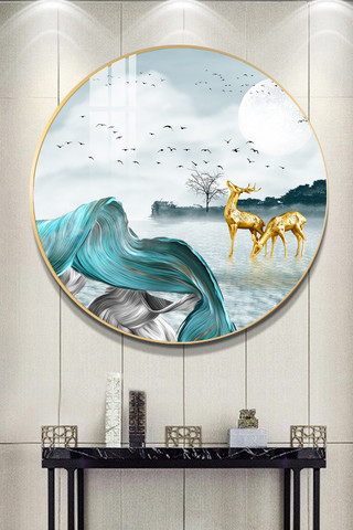 中式意境水墨山水海报模板_现代水墨山水金箔意境风景装饰画