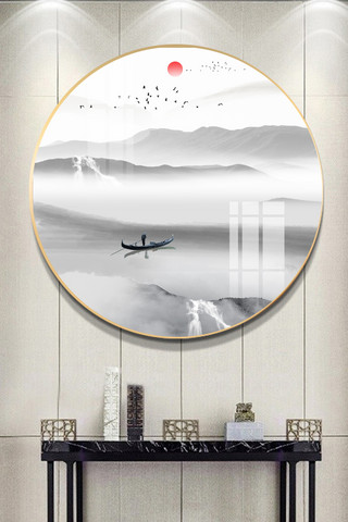 中式意境水墨山水海报模板_新中式水墨山水金箔意境风景装饰画