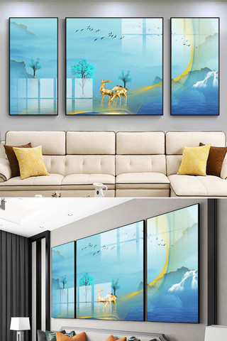 水墨金色山水海报模板_新中式水墨线条山水风景艺术装饰画