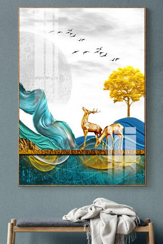 水墨金色山水海报模板_新中式水墨线条山水风景艺术装饰画