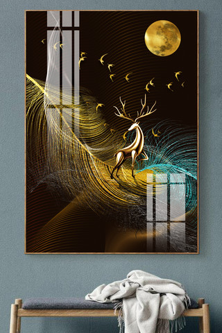 新中式山水创意意境鹿飞鸟艺术晶瓷装饰画