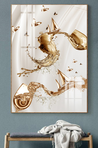 创意极简线条海报模板_新中式山水创意意境鹿飞鸟艺术晶瓷装饰画