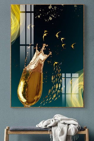 水墨山水飞鸟海报模板_新中式山水创意意境鹿飞鸟艺术晶瓷装饰画