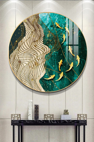 中国风简约中式海报模板_中国风新中式抽象年轮艺术九鱼装饰画