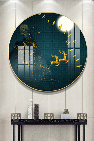 极简艺术风海报模板_新中式山水创意意境鹿飞鸟艺术晶瓷装饰画