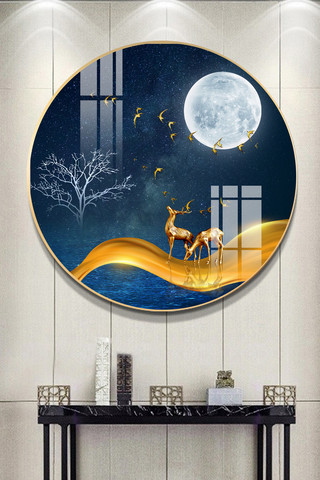 中式意境水墨山水海报模板_新中式山水创意意境鹿飞鸟艺术晶瓷装饰画