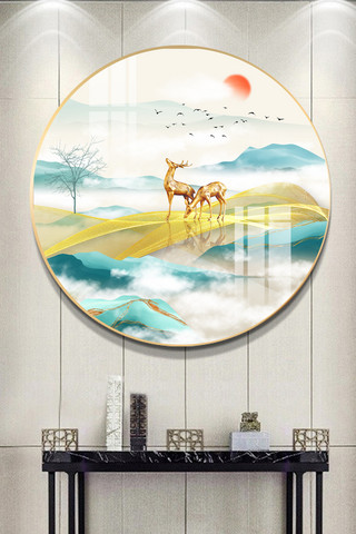 中式水墨意境海报模板_新中式山水创意意境鹿飞鸟艺术晶瓷装饰画