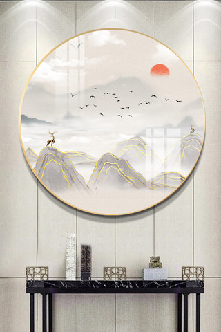 艺术简约线条海报模板_新中式水墨创意意境鹿飞鸟艺术晶瓷装饰画