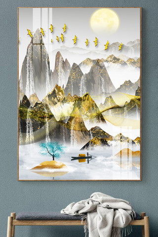 新中式金色海报模板_新中式金色山水装饰画