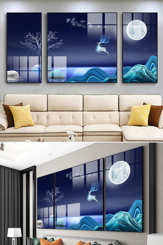 水墨中国山水风景海报模板_抽象现代水墨麋鹿星空轻奢装饰画