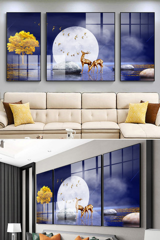 中国水墨风风景海报模板_抽象现代水墨麋鹿星空轻奢装饰画