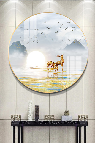 现代抽象风景海报模板_抽象现代水墨麋鹿大理石轻奢装饰画