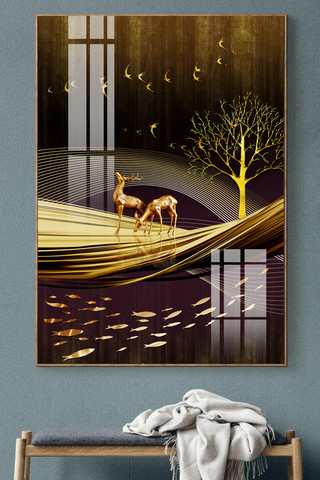 新中式现代发财树麋鹿飞鸟客厅晶瓷装饰画
