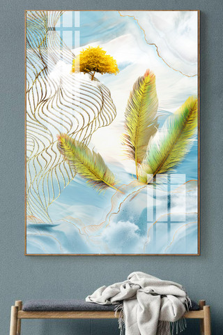传统现代海报模板_新中式现代发财树羽毛客厅晶瓷装饰画