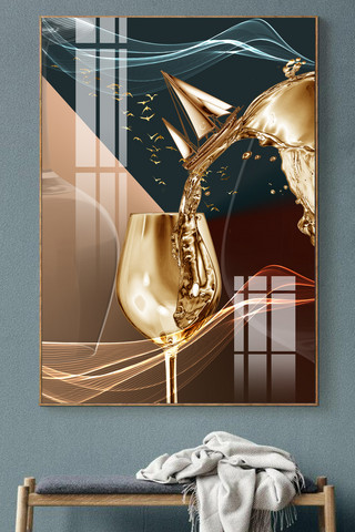 新中式现代发财树酒杯客厅晶瓷装饰画